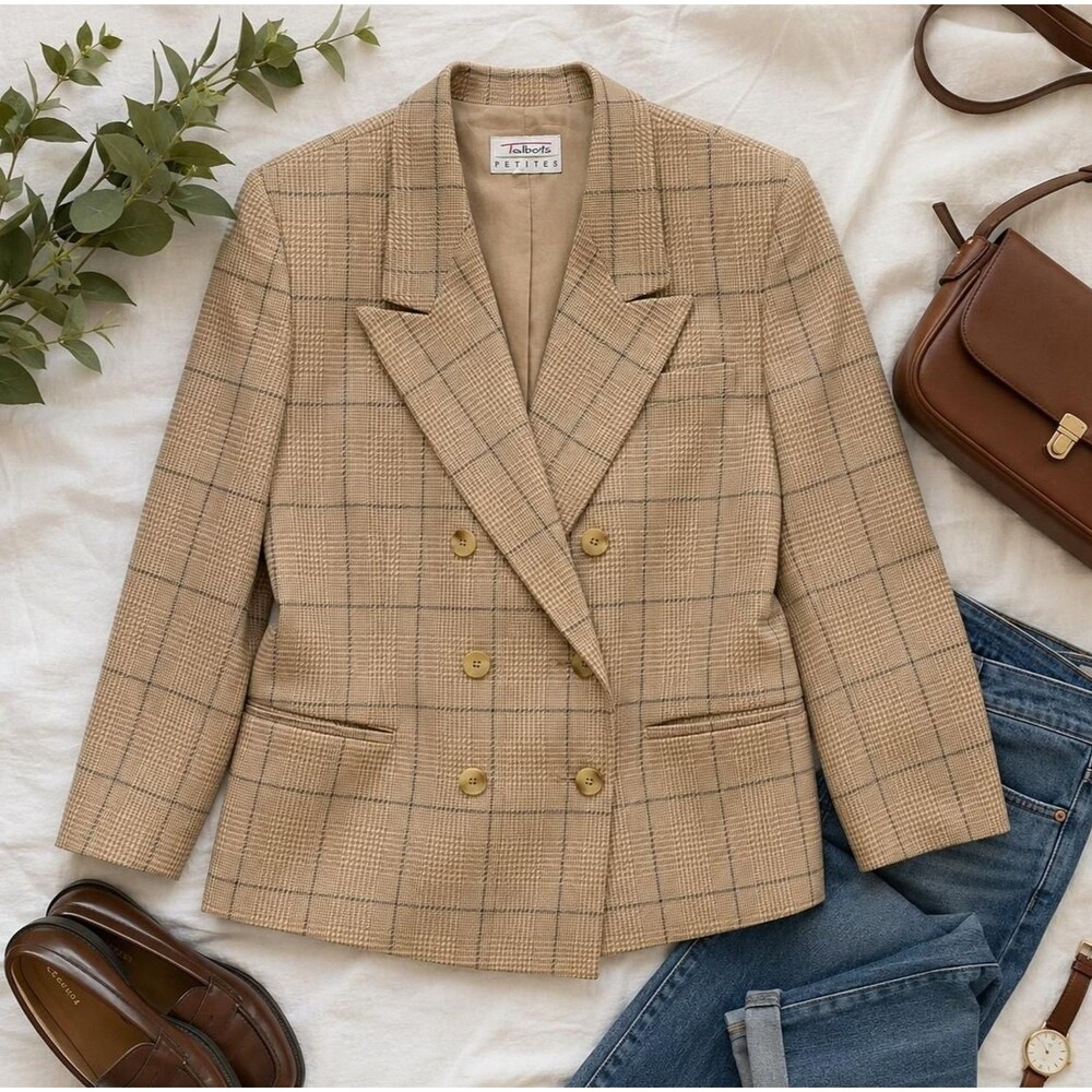 Talbots Petites 12P 100% Wool Plaid Double Breasted Blazer Vintage Preppy